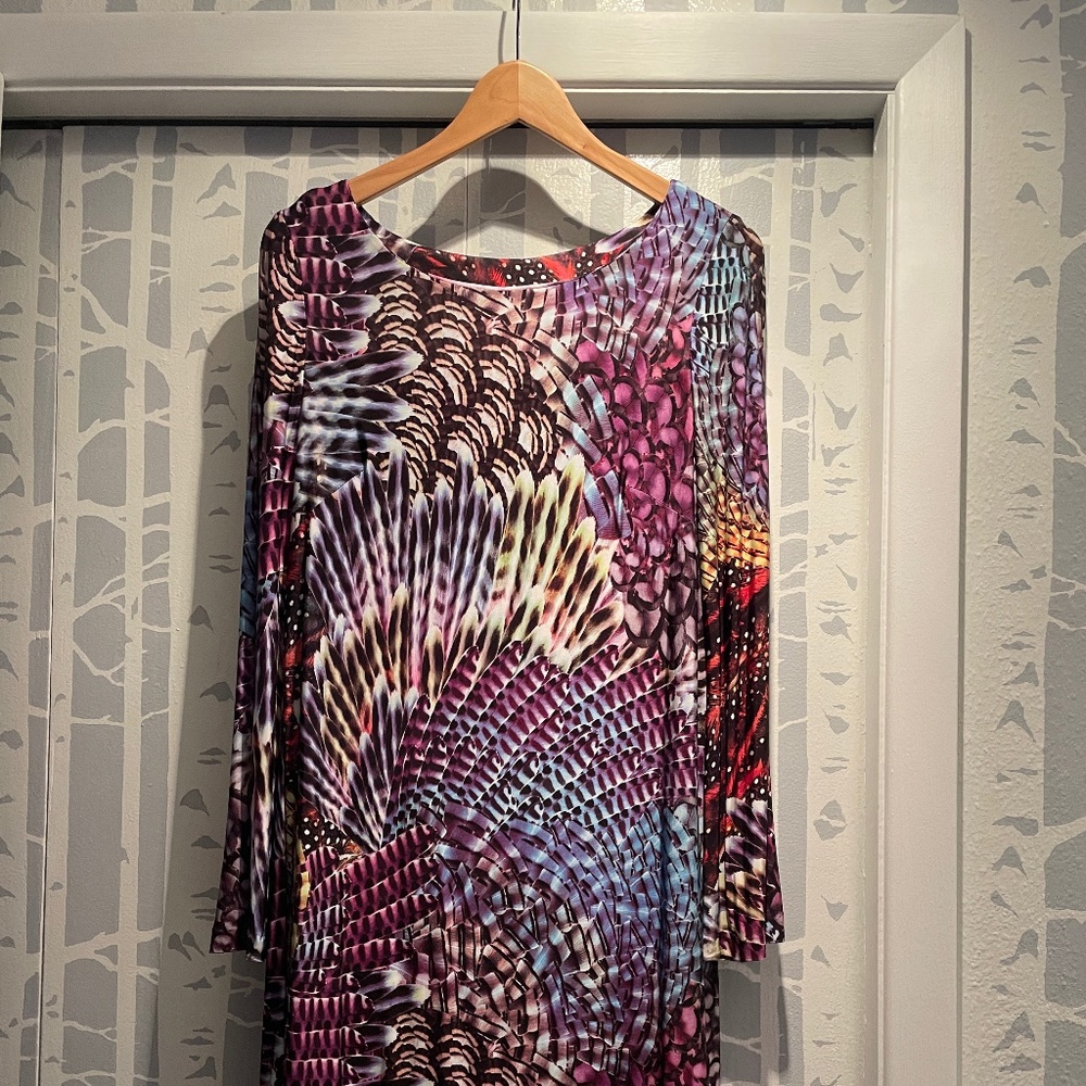 Alberto Makali Scoop Neck Long Sleeve Lined Feather Print Sheath Dress size 10